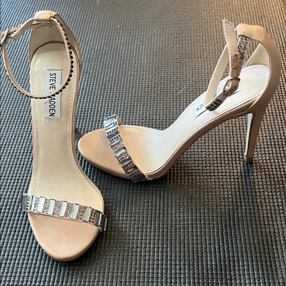 Steve Madden Nude Tan Ankle Strap Stiletto Heels with Silver Studded Accent